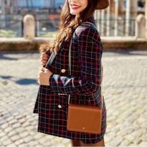 ZARA Tweed Plaid Double Breasted Blazer Green Red Gold Buttons - Picture 7 of 14